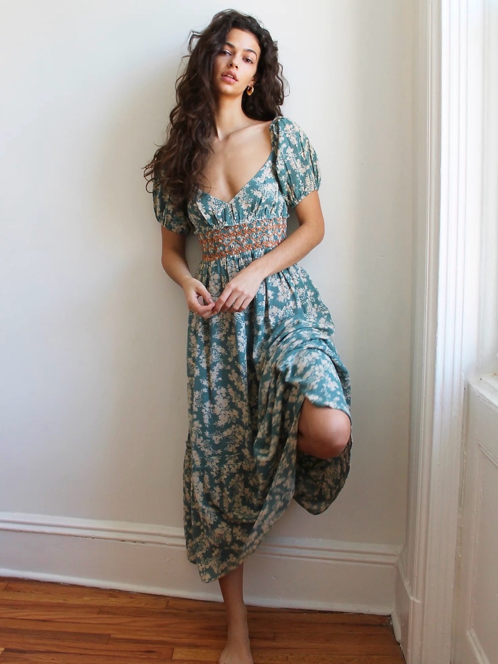 Free People Green Floral Puff-Sleeve Maxi Dress with Smocked Waist - Picture 2 of 2
